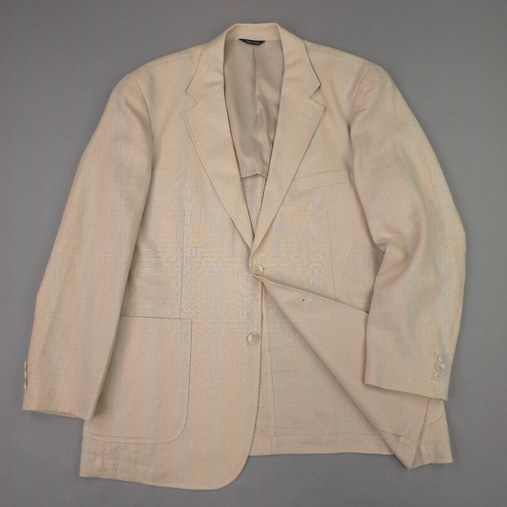 Alan Flusser Blazer Mens Large Tan Linen 2 Button Sport Coat Patch Pocket Casual